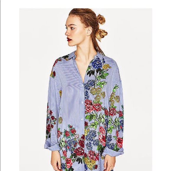 Zara Woman Pinstripe Floral Print Button Down Tunic Shirt Top - Picture 4 of 12